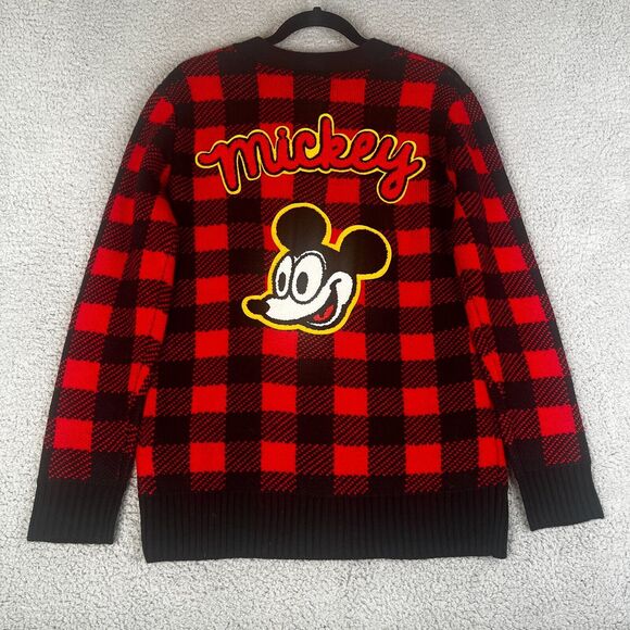 Mickey Mouse Cardigan Sweater Womens Small Red Buffalo Plaid Disney Forever 21 - Picture 1 of 11